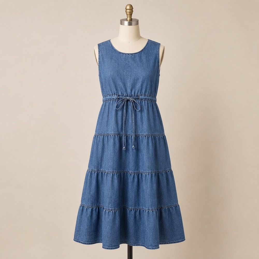 Y2K Vintage Anthony Richards Blue Acid Wash Tiered Midi Dress Boho Prairie